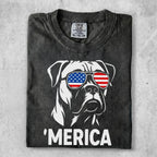 Boxer dog wearing American flag sunglasses, 'Merica text.