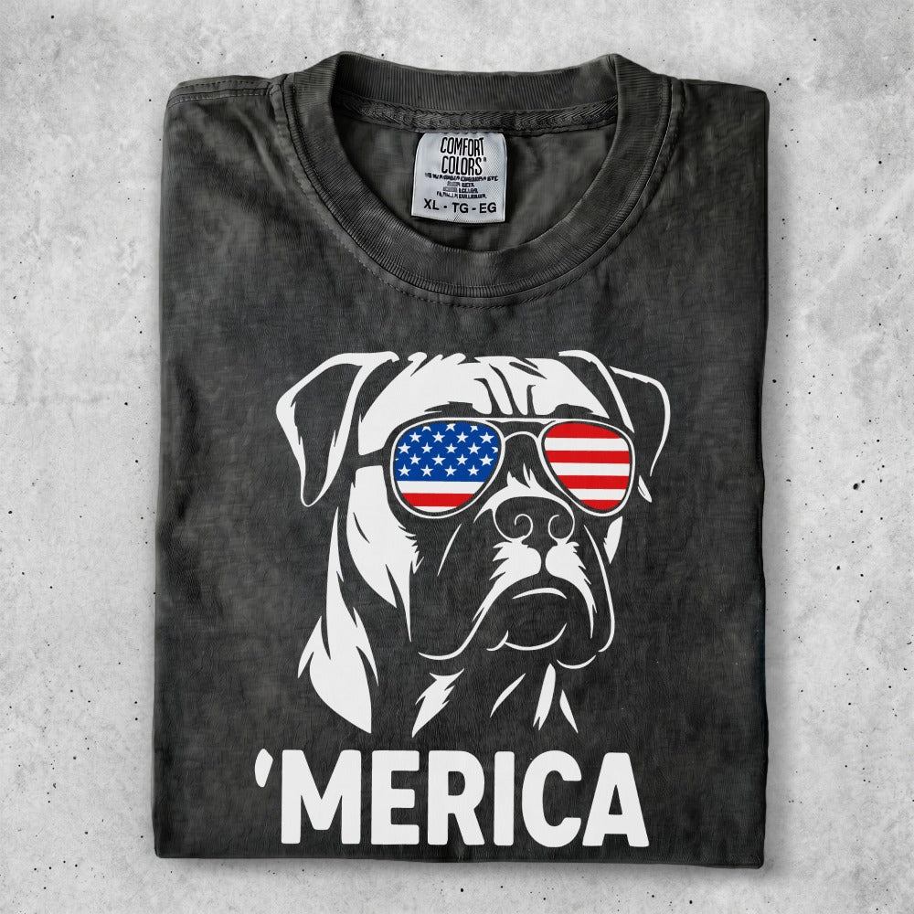 Boxer dog wearing American flag sunglasses, 'Merica text.