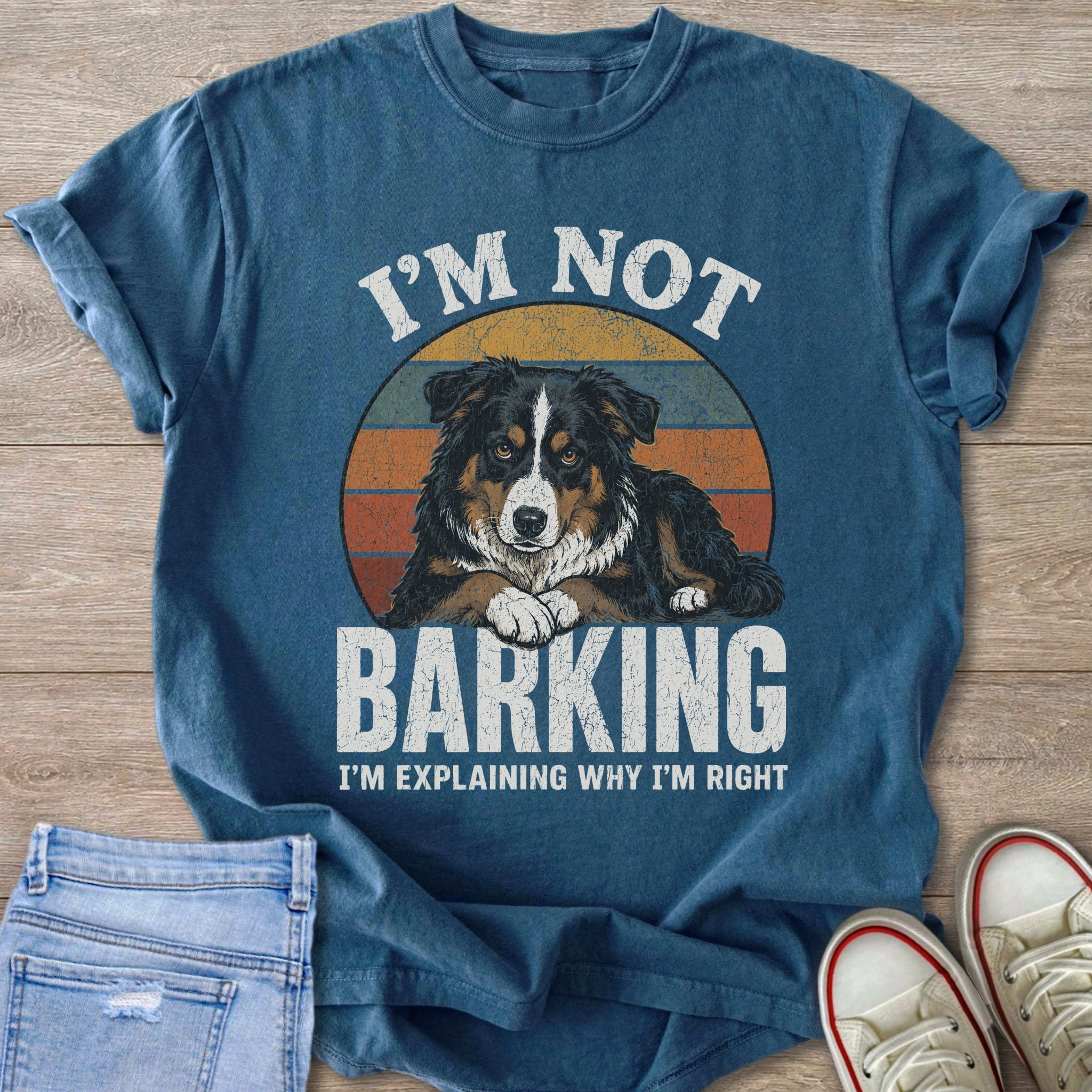 Blue t-shirt with text "I'M NOT BARKING I'M EXPLAINING WHY I'M RIGHT" and dog graphic.