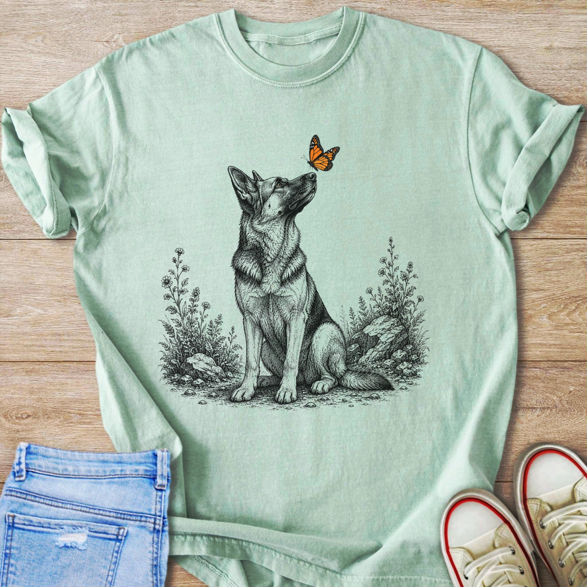 German Shepherd sitting in wildflowers, looking up at a butterfly.