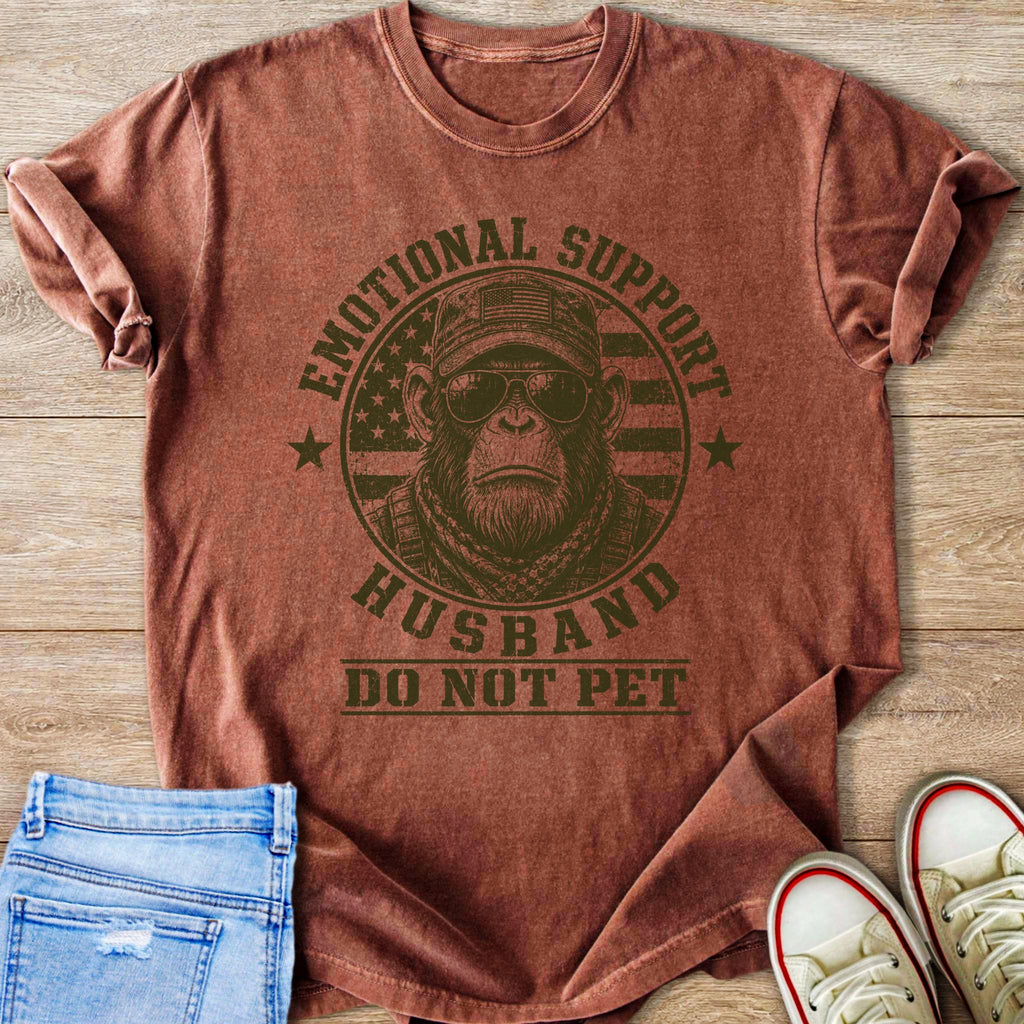Brown t-shirt with graphic of ape wearing sunglasses, captioned "Emotional Support Husband Do Not Pet".