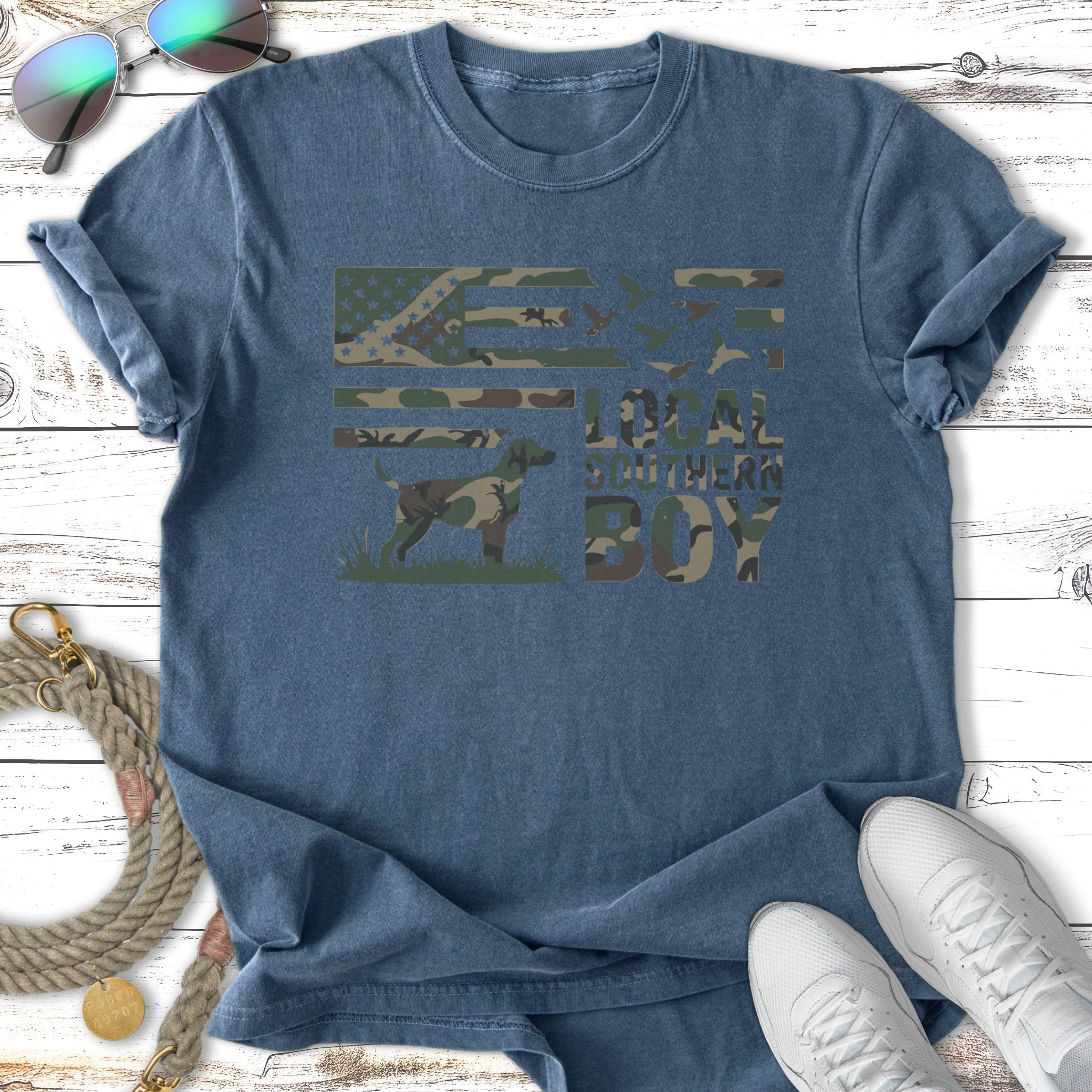 T-shirt with camouflage flag, dog, and "Local Southern Boy" text.