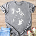 French bulldog sketch on a gray t-shirt with jeans and sneakers.