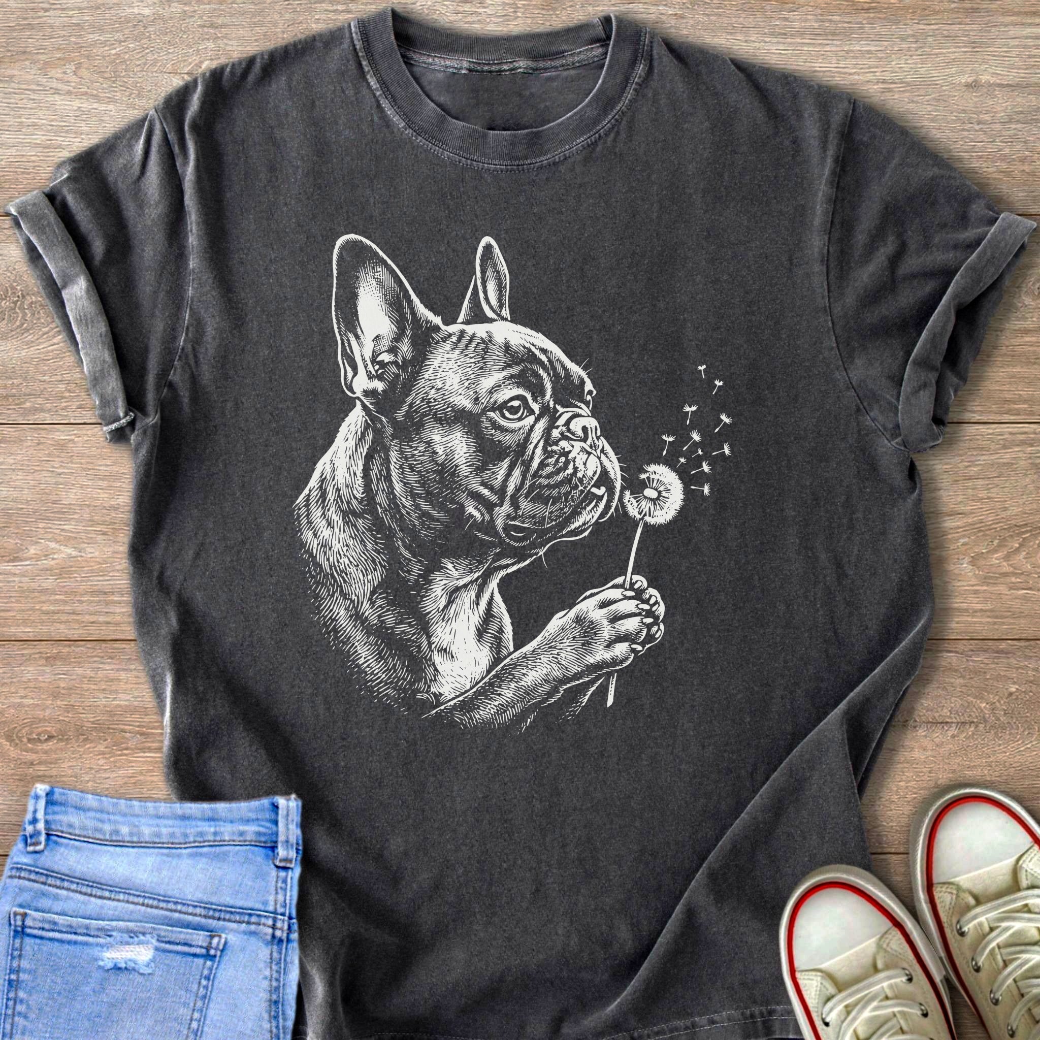 French bulldog blowing on a dandelion on a charcoal t-shirt.