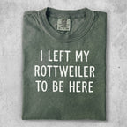 Green t-shirt with "I LEFT MY ROTTWEILER TO BE HERE" text.