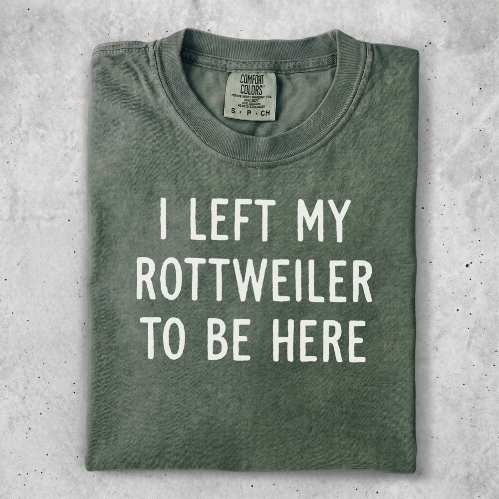 Green t-shirt with "I LEFT MY ROTTWEILER TO BE HERE" text.