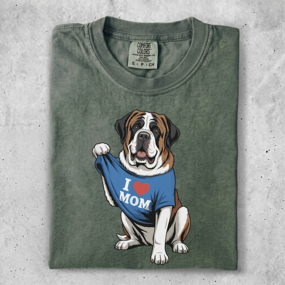 Saint Bernard dog wearing an "I Love Mom" t-shirt.