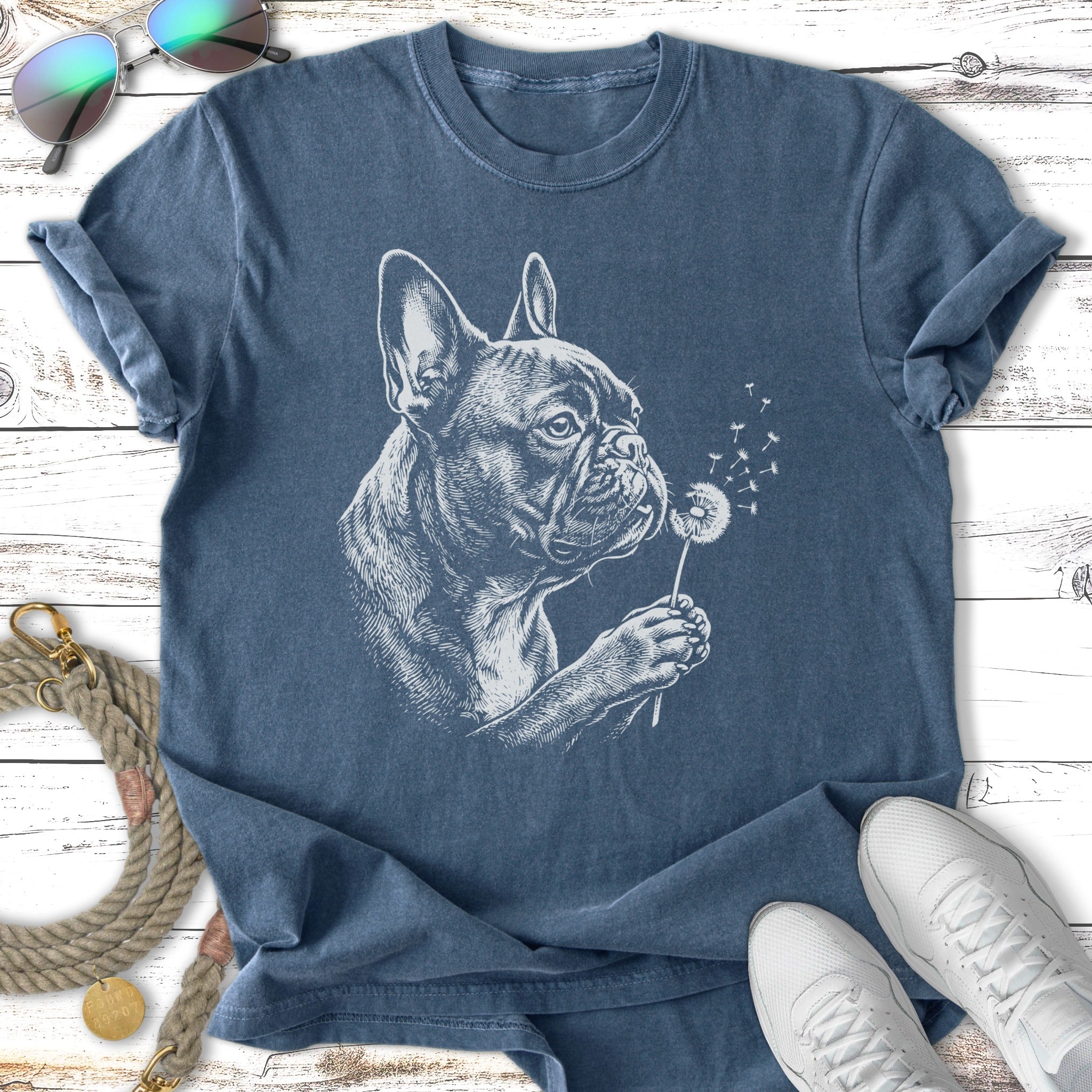 French bulldog portrait blowing dandelion seeds on a t-shirt.