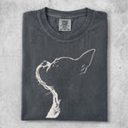 Charcoal t-shirt with white outline of a dog's head looking up.