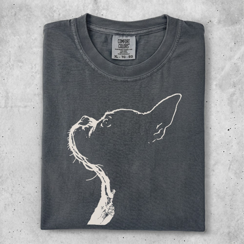 Charcoal t-shirt with white outline of a dog's head looking up.