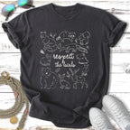 Dark grey t-shirt with illustrated forest animals and "respect the locals" text.