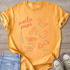 Orange t-shirt with a "pasta pups" graphic featuring dachshunds dressed as pasta.