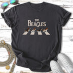 T-shirt featuring "The Beatles" logo and four beagles crossing Abbey Road.