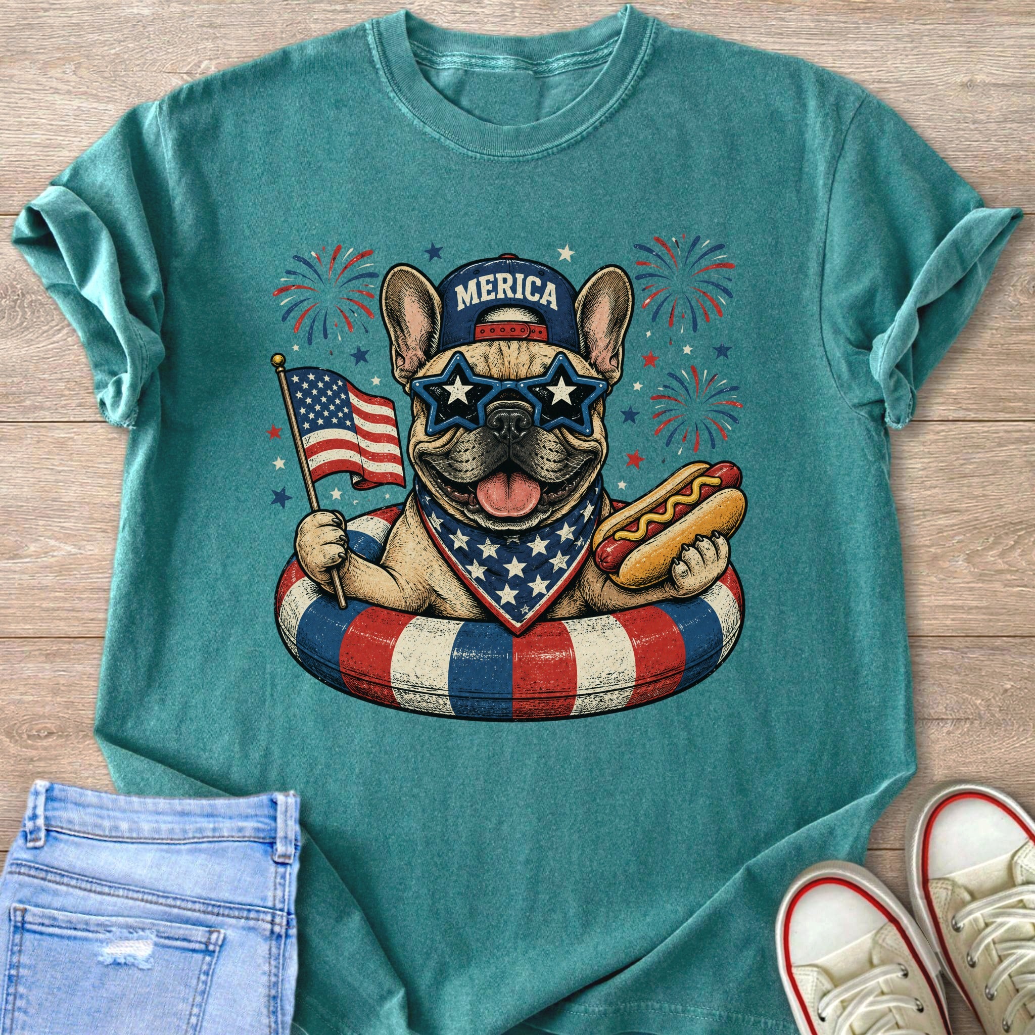 French bulldog in patriotic bandana, star sunglasses, and "Merica" hat holding flag and hot dog.