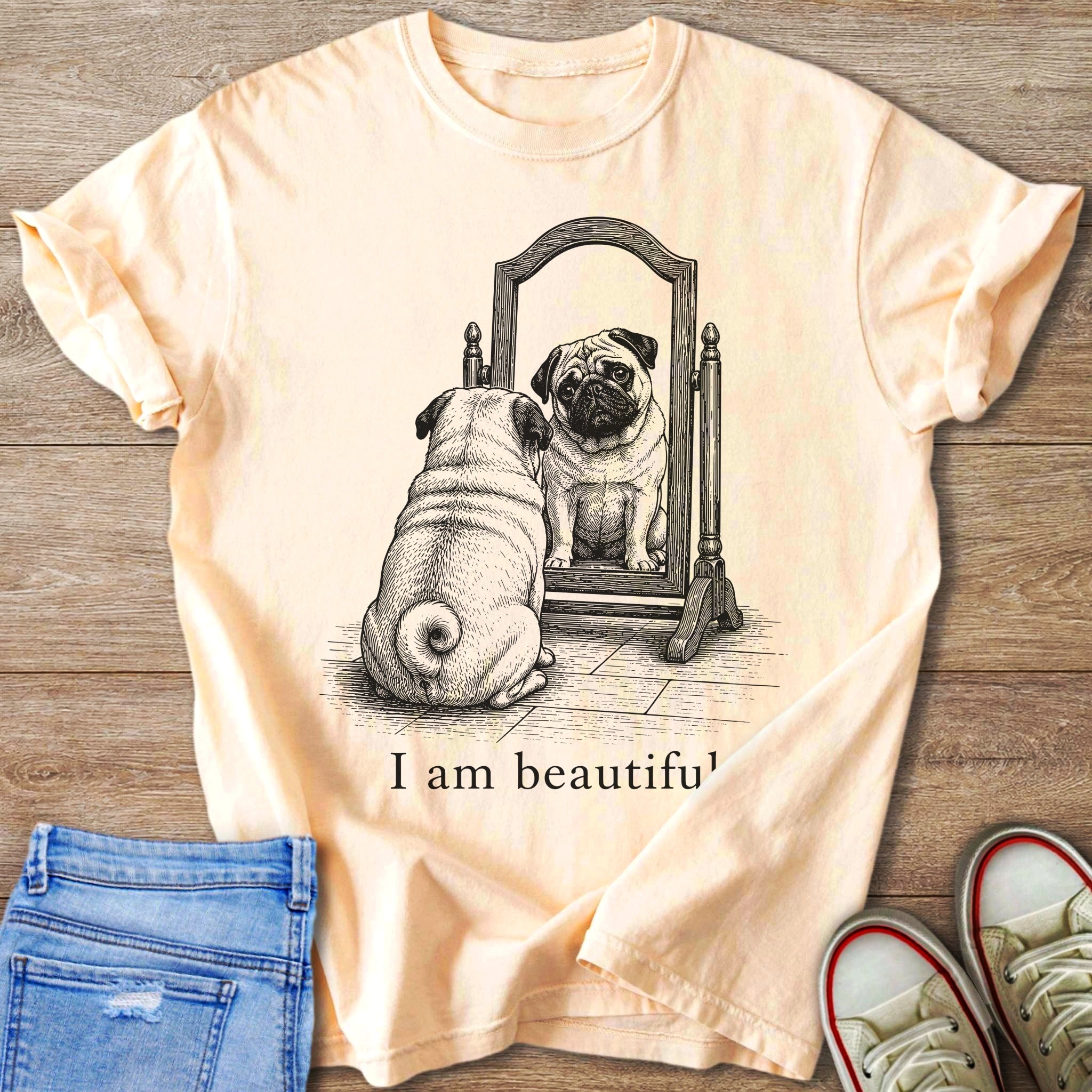 Peach t-shirt with pug looking in mirror and text "I am beautiful".