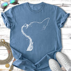 Blue t-shirt with a white outline graphic of a dog's head.