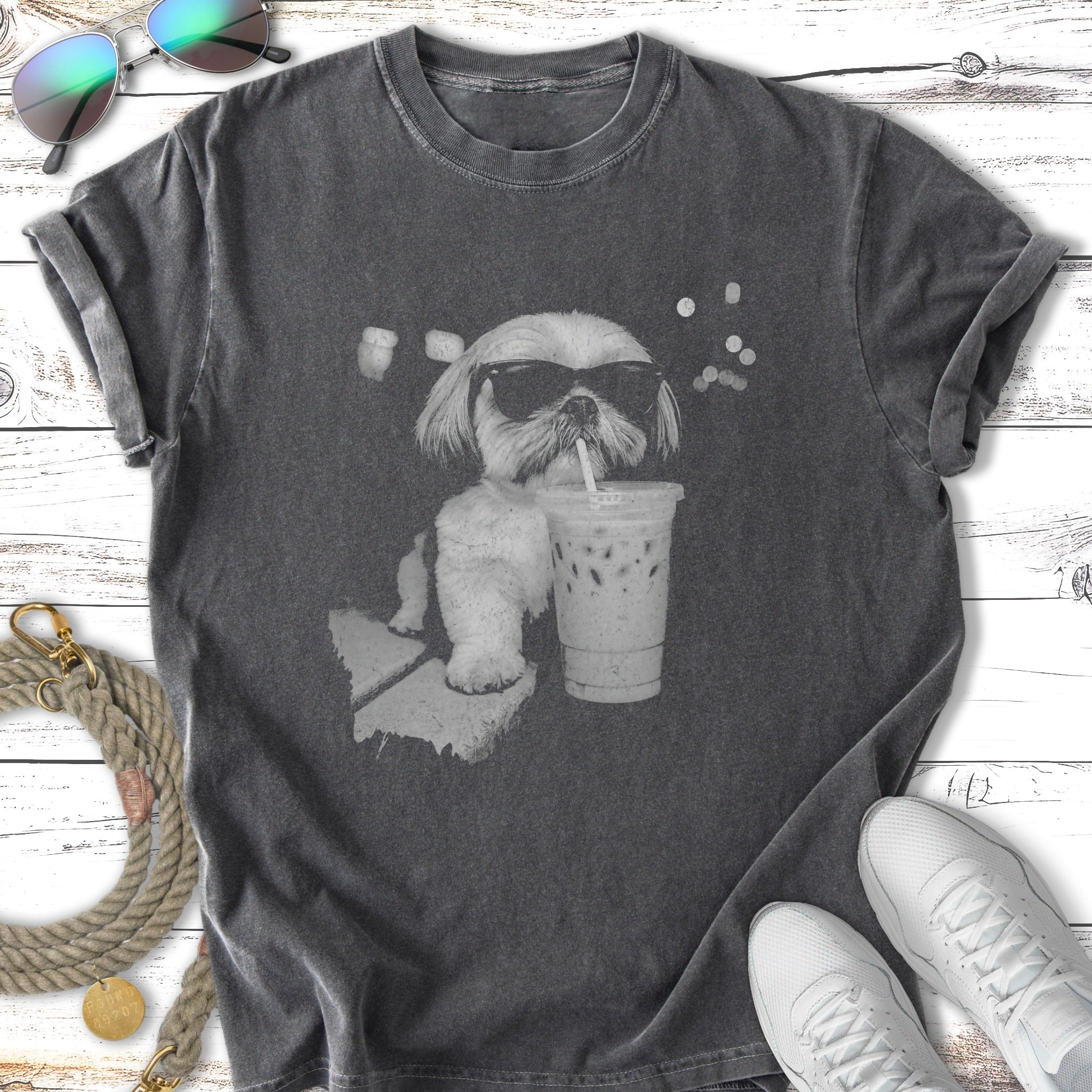 T-shirt with Shih Tzu wearing sunglasses drinking iced coffee.