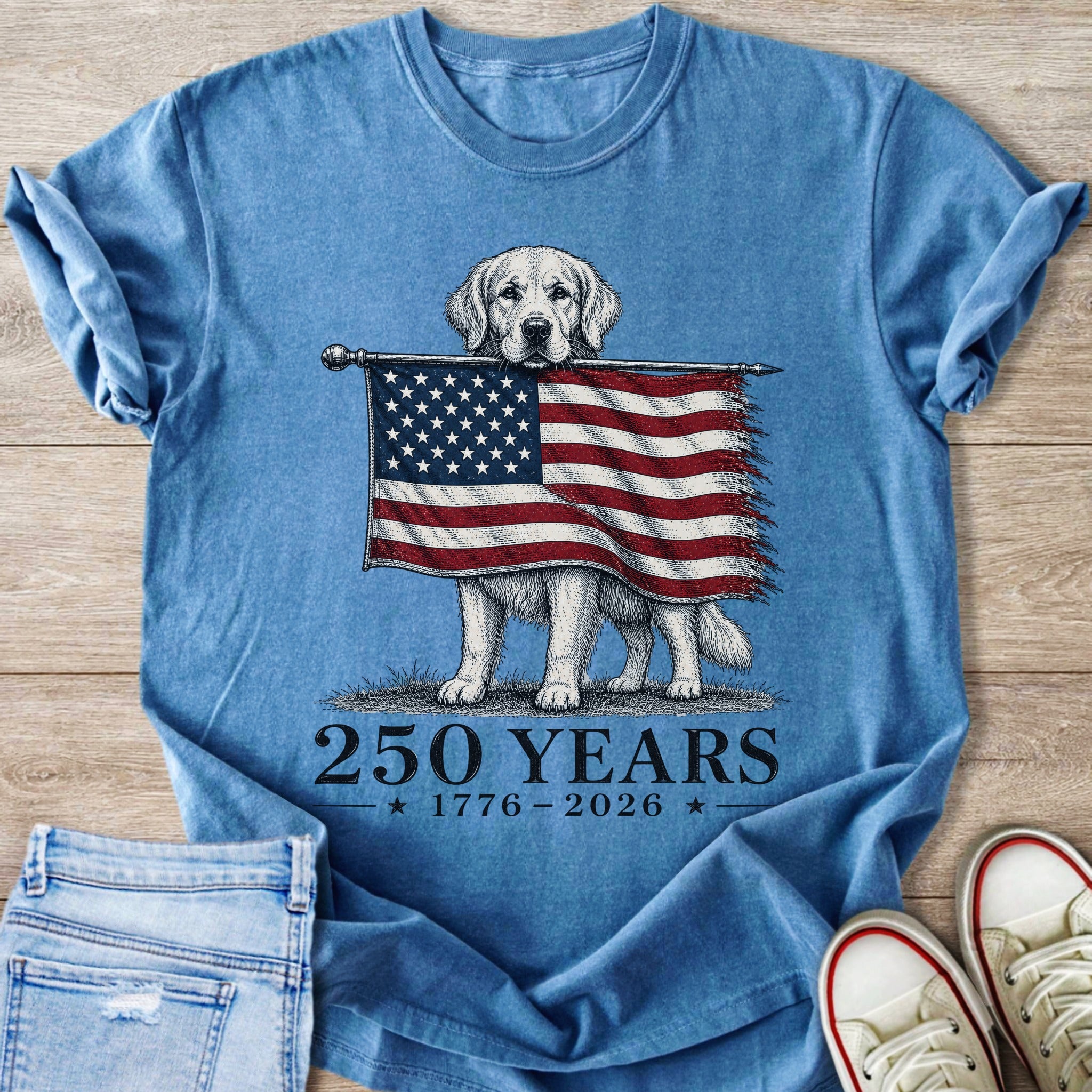Golden retriever holds tattered American flag, text reads "250 YEARS 1776-2026".