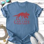 Blue t-shirt with red graphic of Demogorgon and text "Can I Pet That Dog".