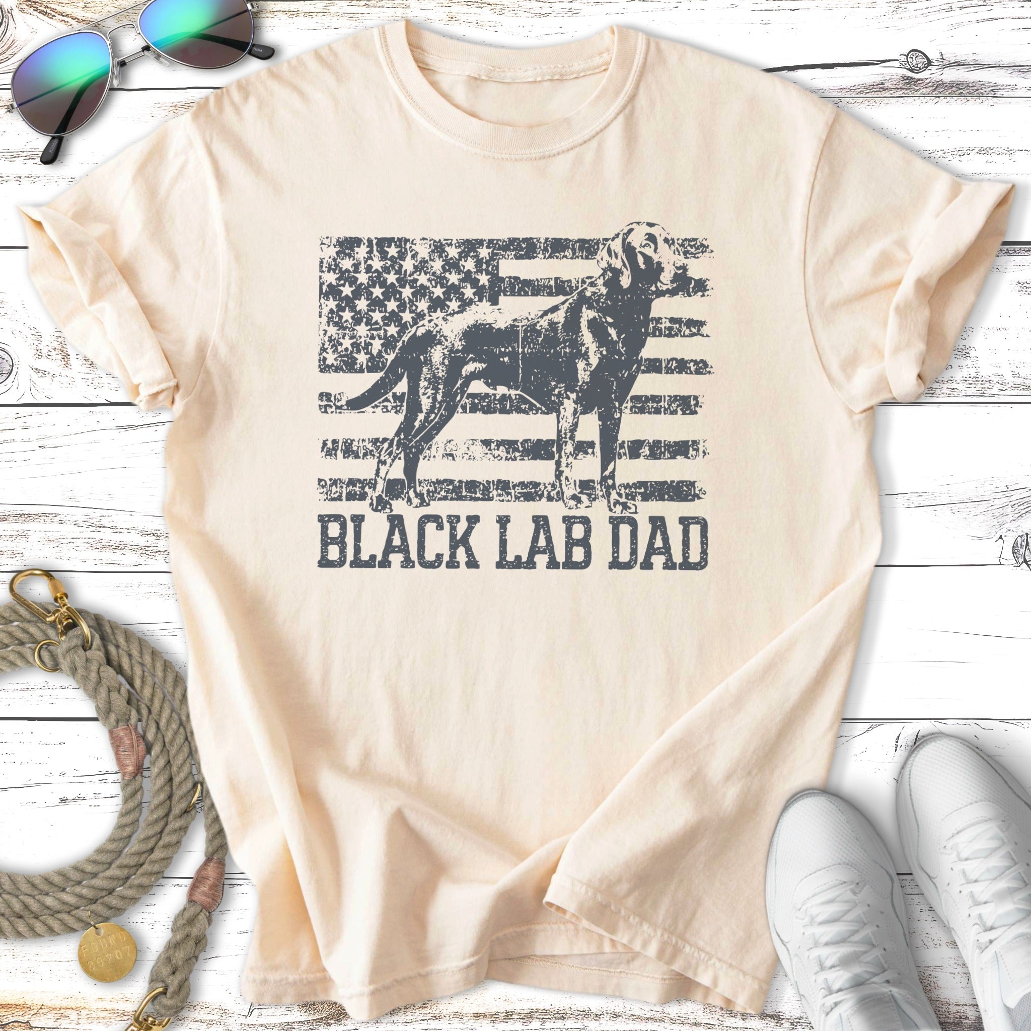 Black Lab Dad t-shirt with distressed American flag design.