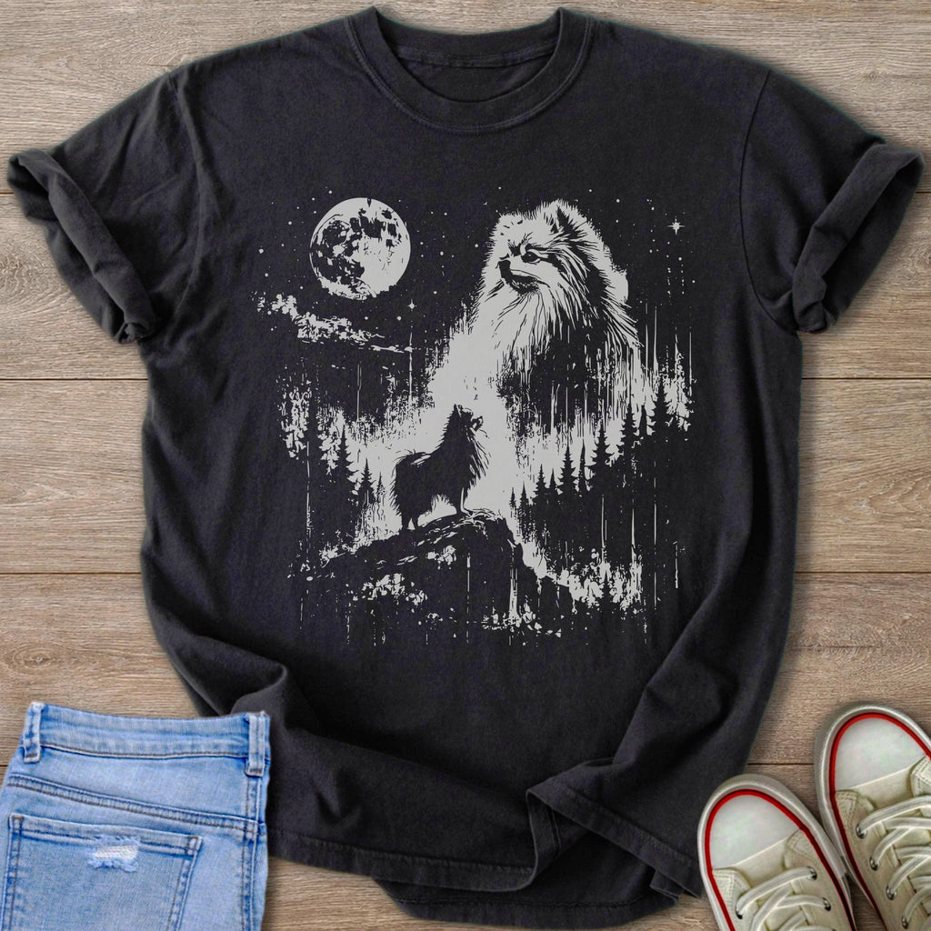Black t-shirt with a white graphic of a dog howling at the moon in a forest.