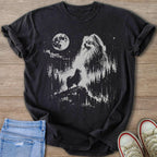 Black t-shirt with a white graphic of a dog howling at the moon in a forest.