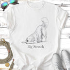 White t-shirt with sketch of a dog in a "big stretch" pose.