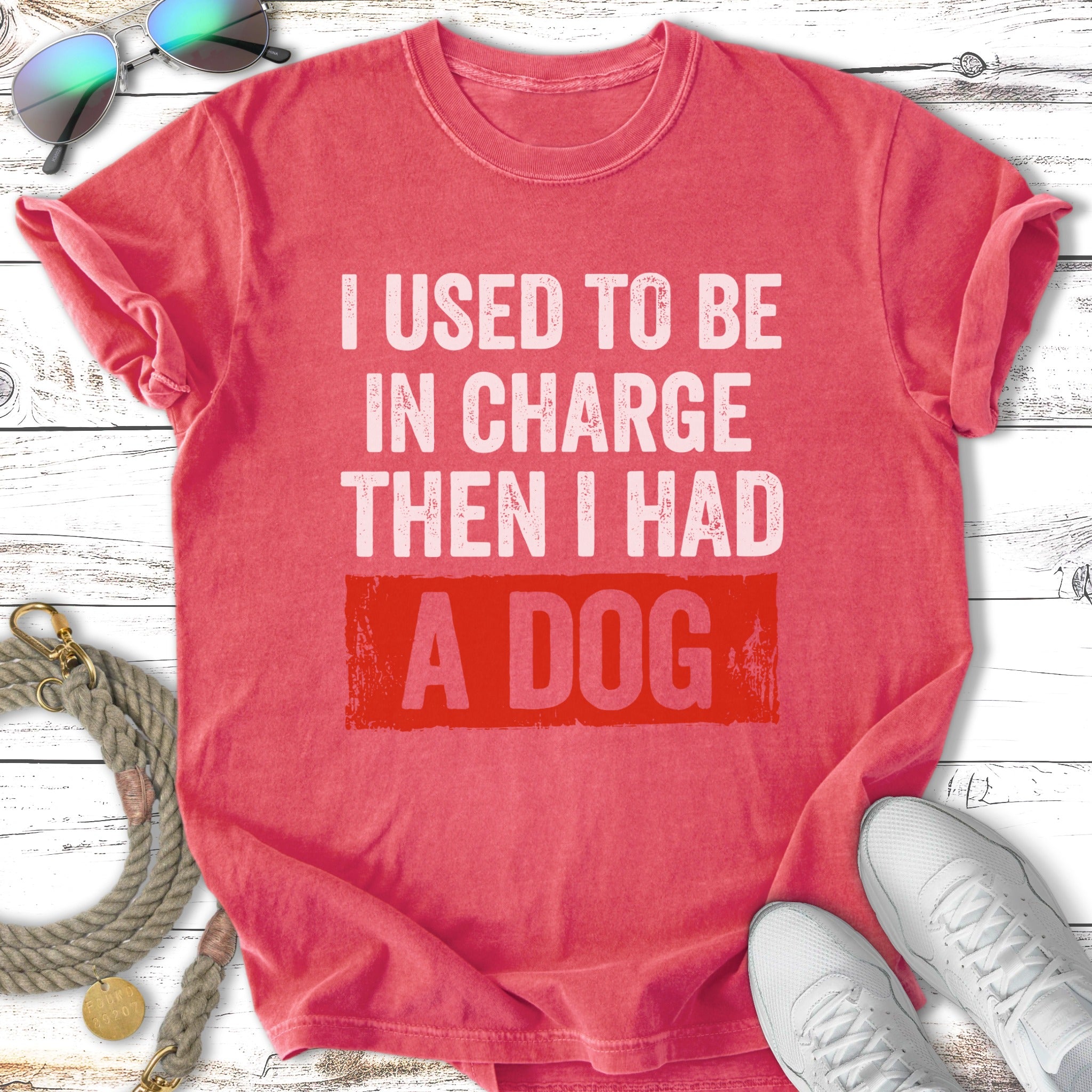 Red t-shirt with "I used to be in charge, then I had a dog" text.