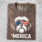 Brown t-shirt with white Shih Tzu dog wearing American flag sunglasses and "Merica" text.