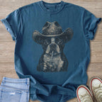 Boston terrier wearing a cowboy hat drinks from a cup on a blue t-shirt.