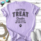 Lavender t-shirt with "Certified Treat Dealer" and paw print graphic.