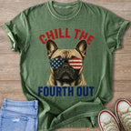 Green t-shirt with French bulldog wearing flag sunglasses saying "Chill the Fourth Out".