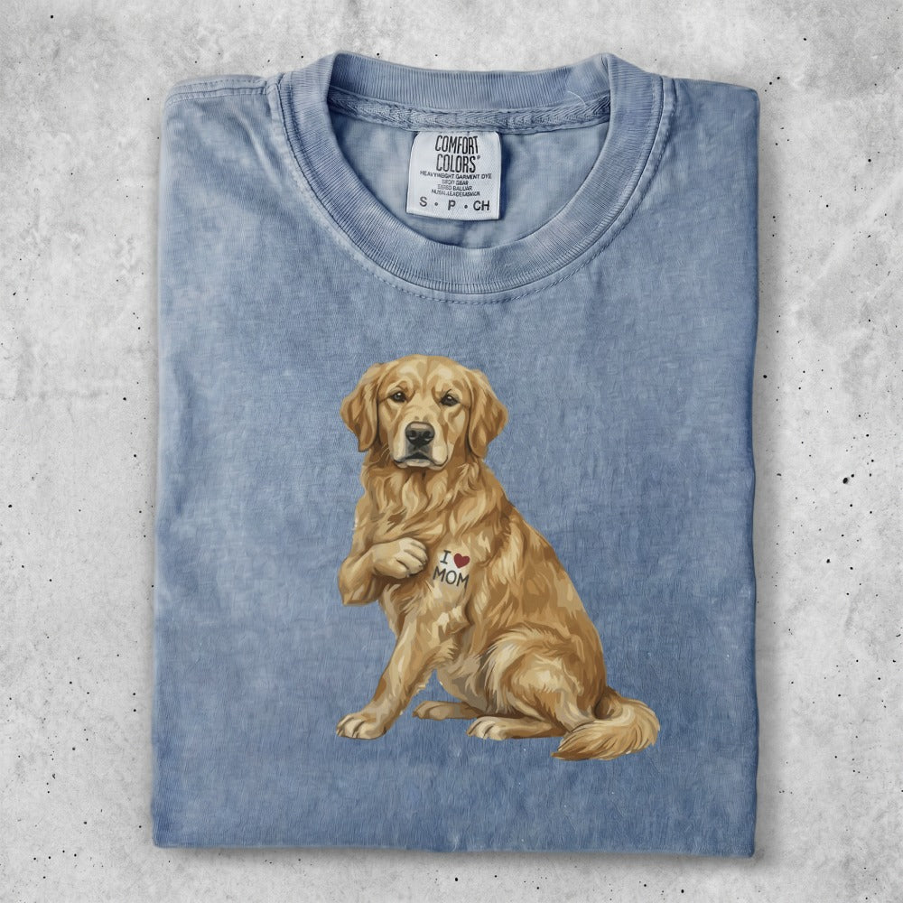 Light blue t-shirt with a Golden Retriever wearing an "I ❤️ Mom" tattoo.