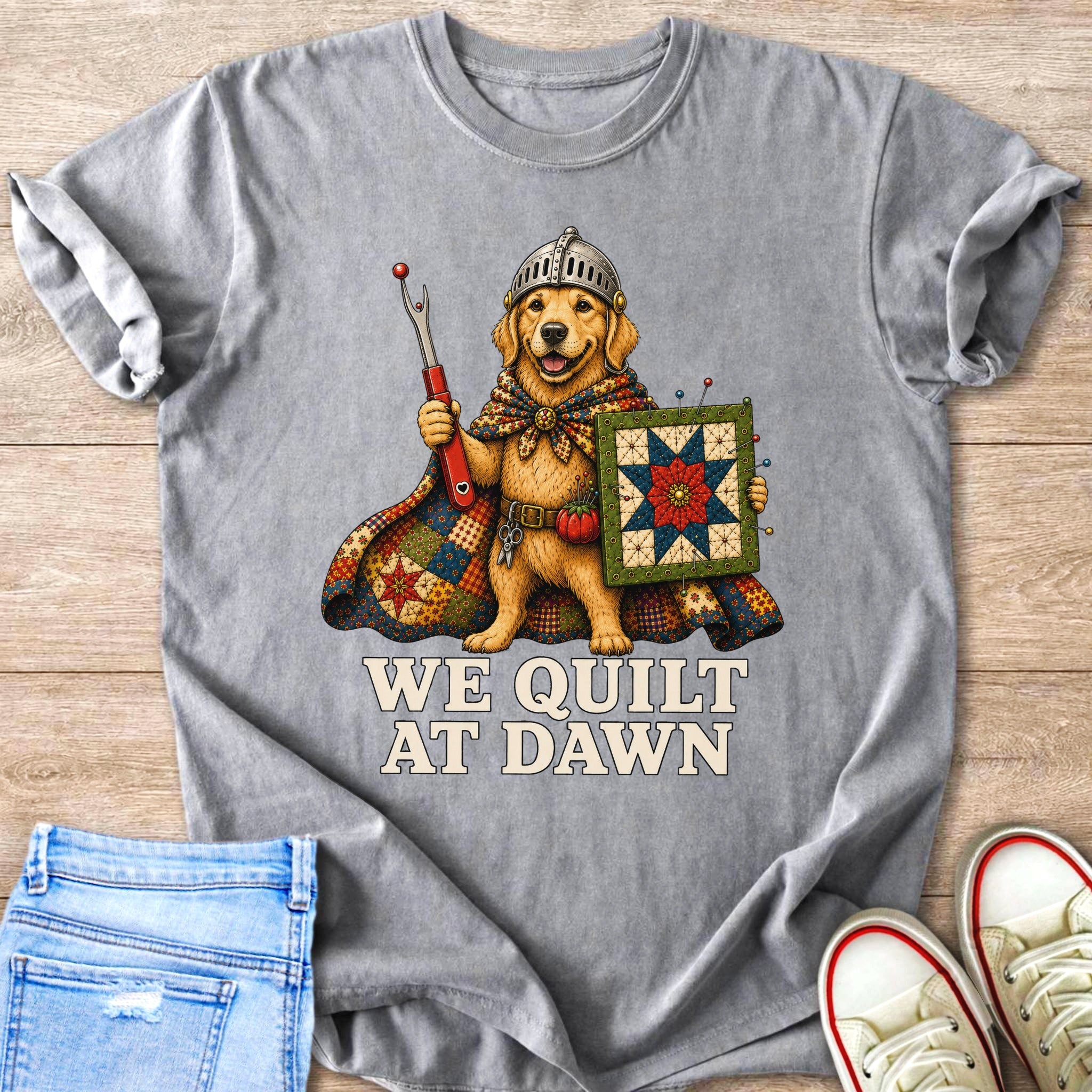 Golden retriever in knight's helmet holding a quilt block and seam ripper.