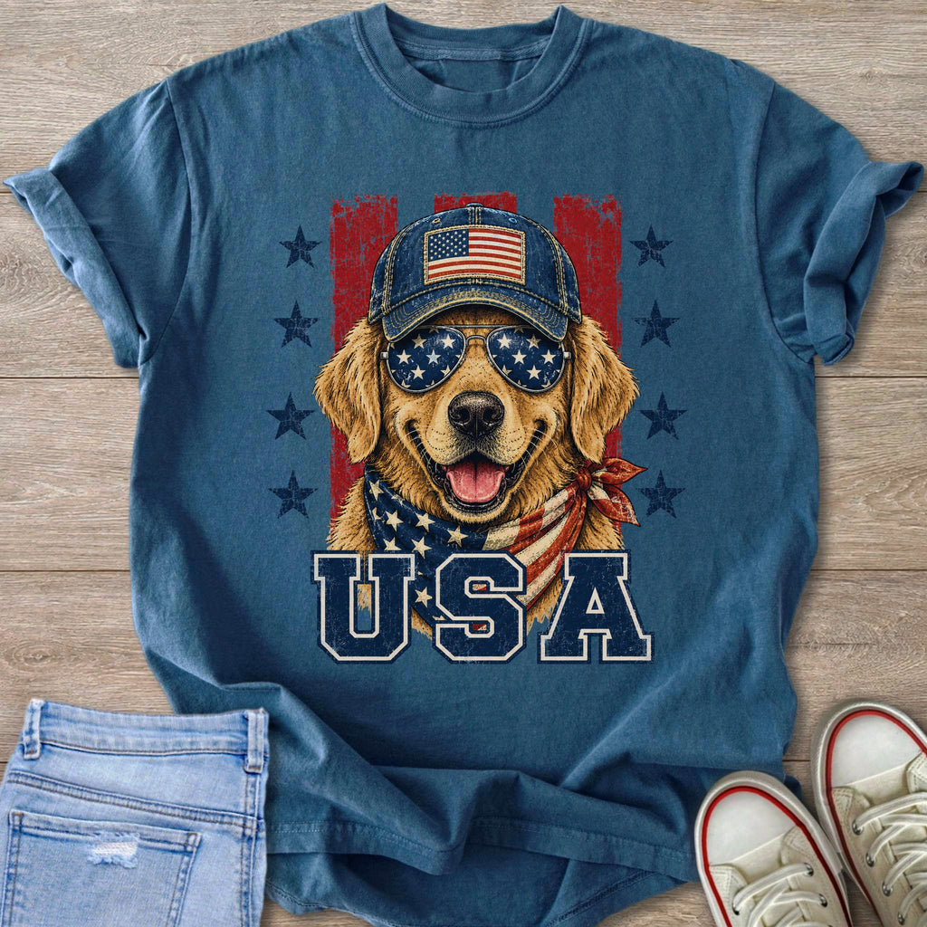 Golden retriever wearing sunglasses, baseball cap, and bandana with American flag print; text "USA".