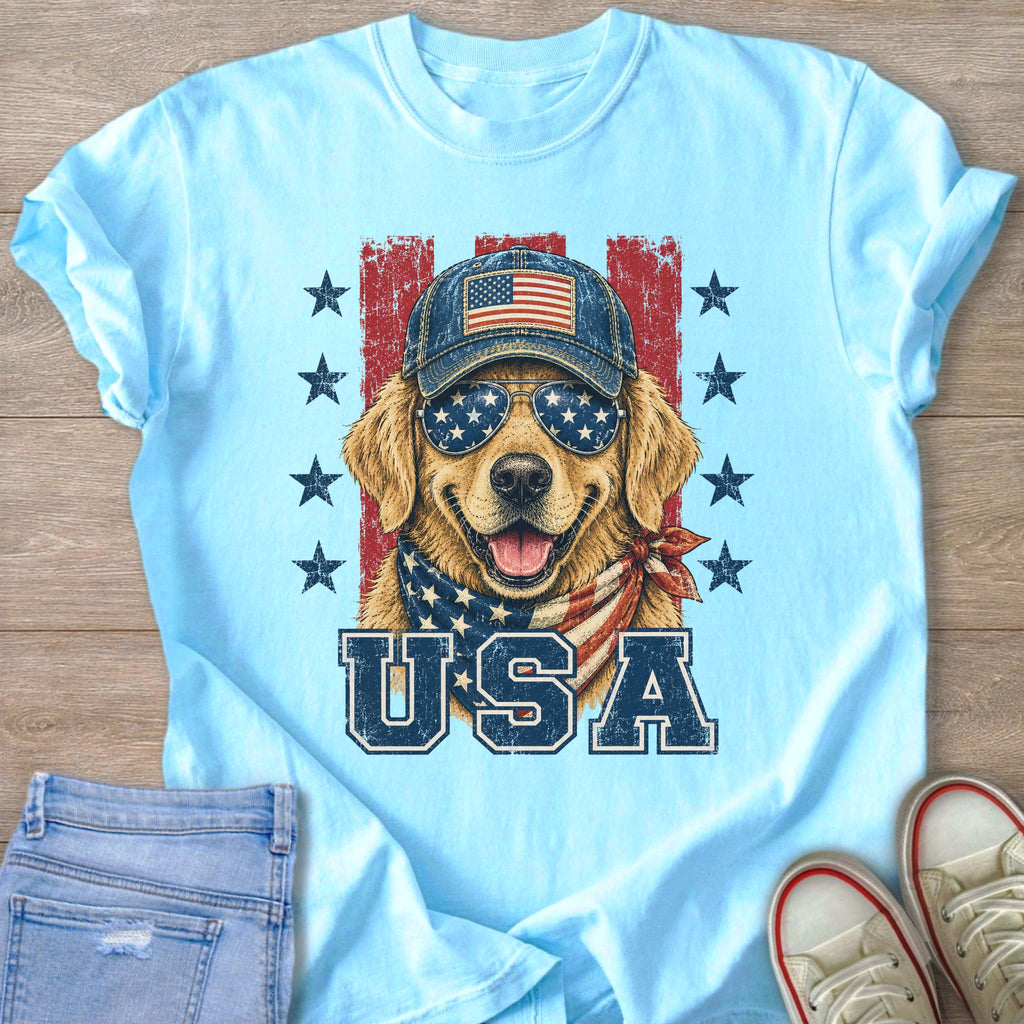 Golden Retriever dog wearing sunglasses and a hat with USA text.