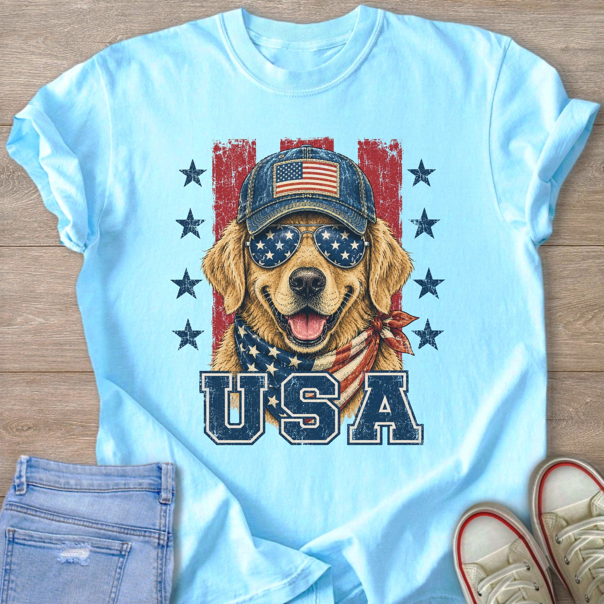Golden Retriever dog wearing sunglasses and a hat with USA text.