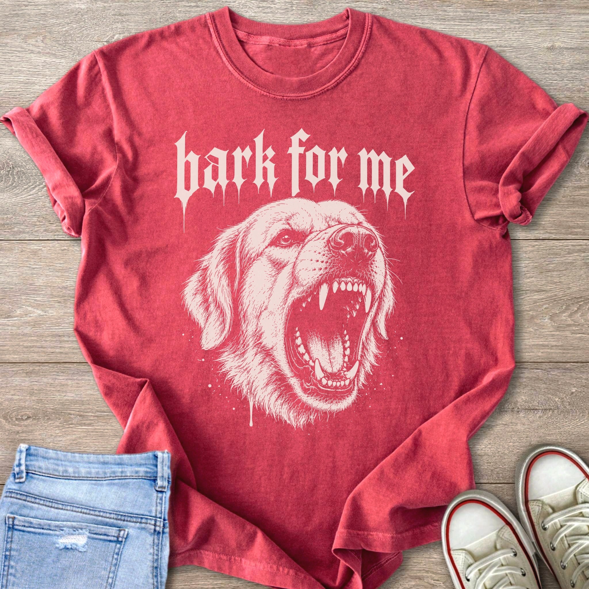 Red t-shirt with a roaring dog graphic and text "bark for me"