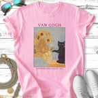 Van Gogh "Sunflowers (Third Version) - 1888" artwork with a black cat on a pink t-shirt.