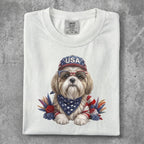 White t-shirt with a Shih Tzu dog wearing sunglasses, bandana, and cap.