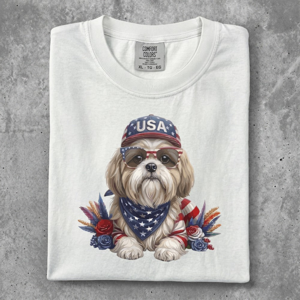 White t-shirt with a Shih Tzu dog wearing sunglasses, bandana, and cap.