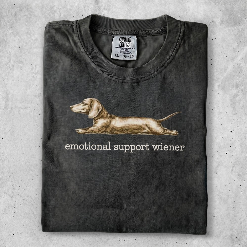 Comfort Colors t-shirt with a dachshund graphic and "emotional support wiener" text.