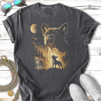 French Bulldog standing in a majestic landscape with moon and waterfall.