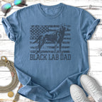 Black Labrador silhouette against an American flag with "BLACK LAB DAD" text.