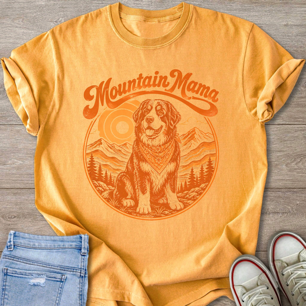 Orange t-shirt with a dog and mountain graphic and "Mountain Mama" text.