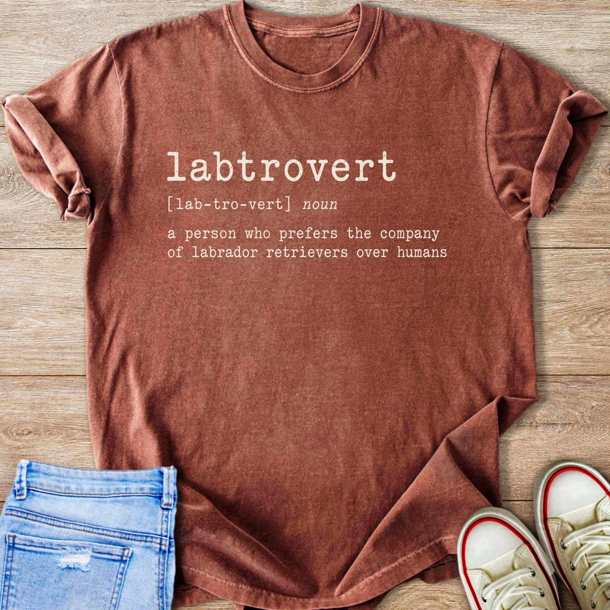 Brown t-shirt with text defining "labtrovert" as preferring labradors over humans.