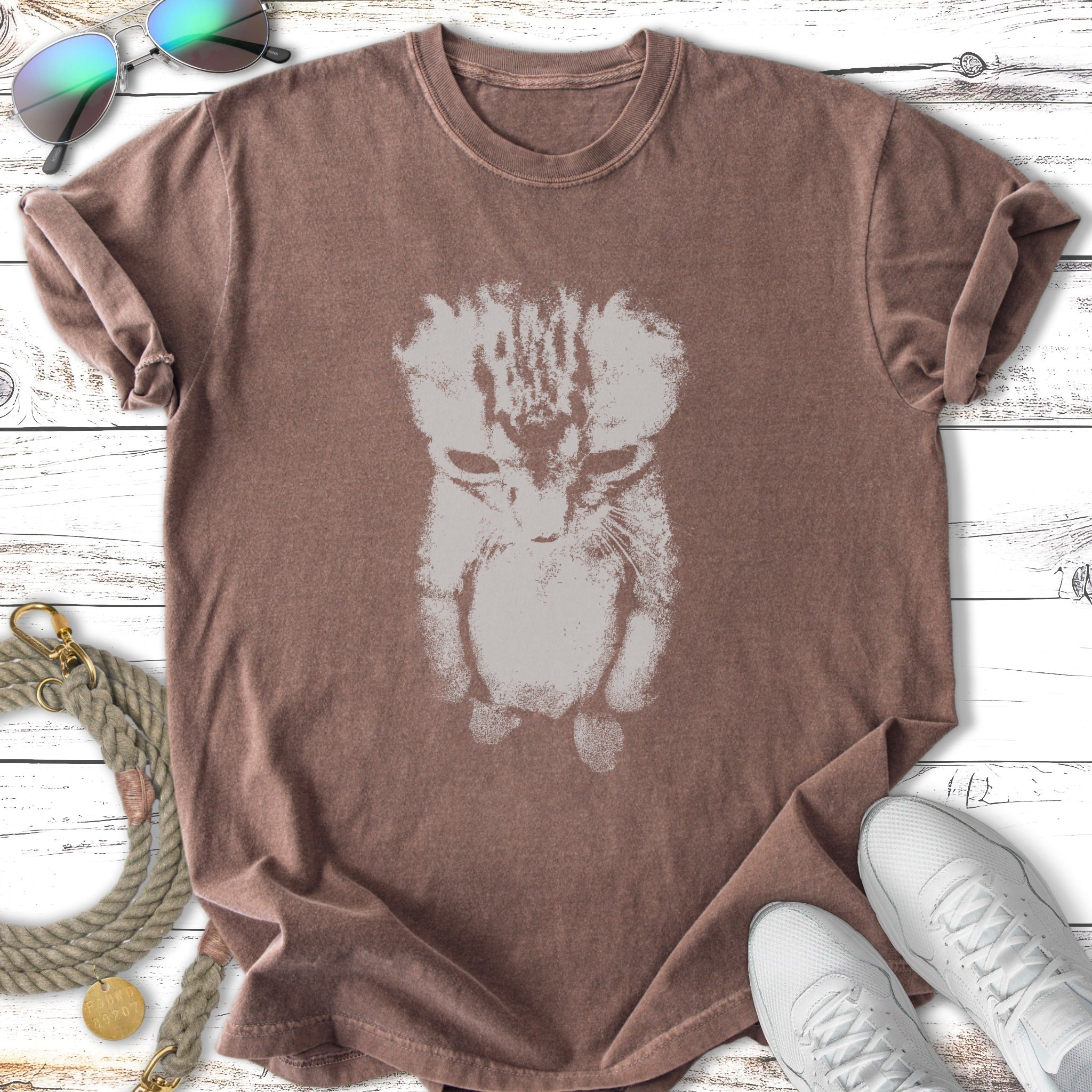 Brown t-shirt with a faded gray distressed kitten graphic.