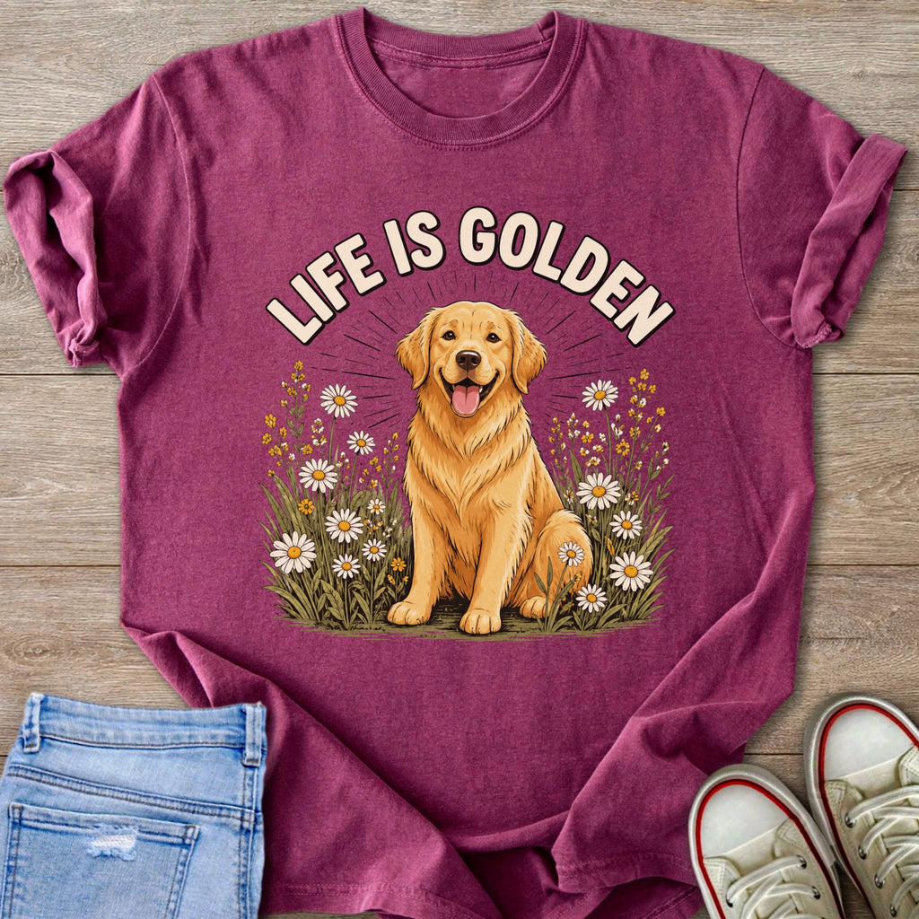 Golden Retriever dog sitting in flowers with "Life is Golden" text.