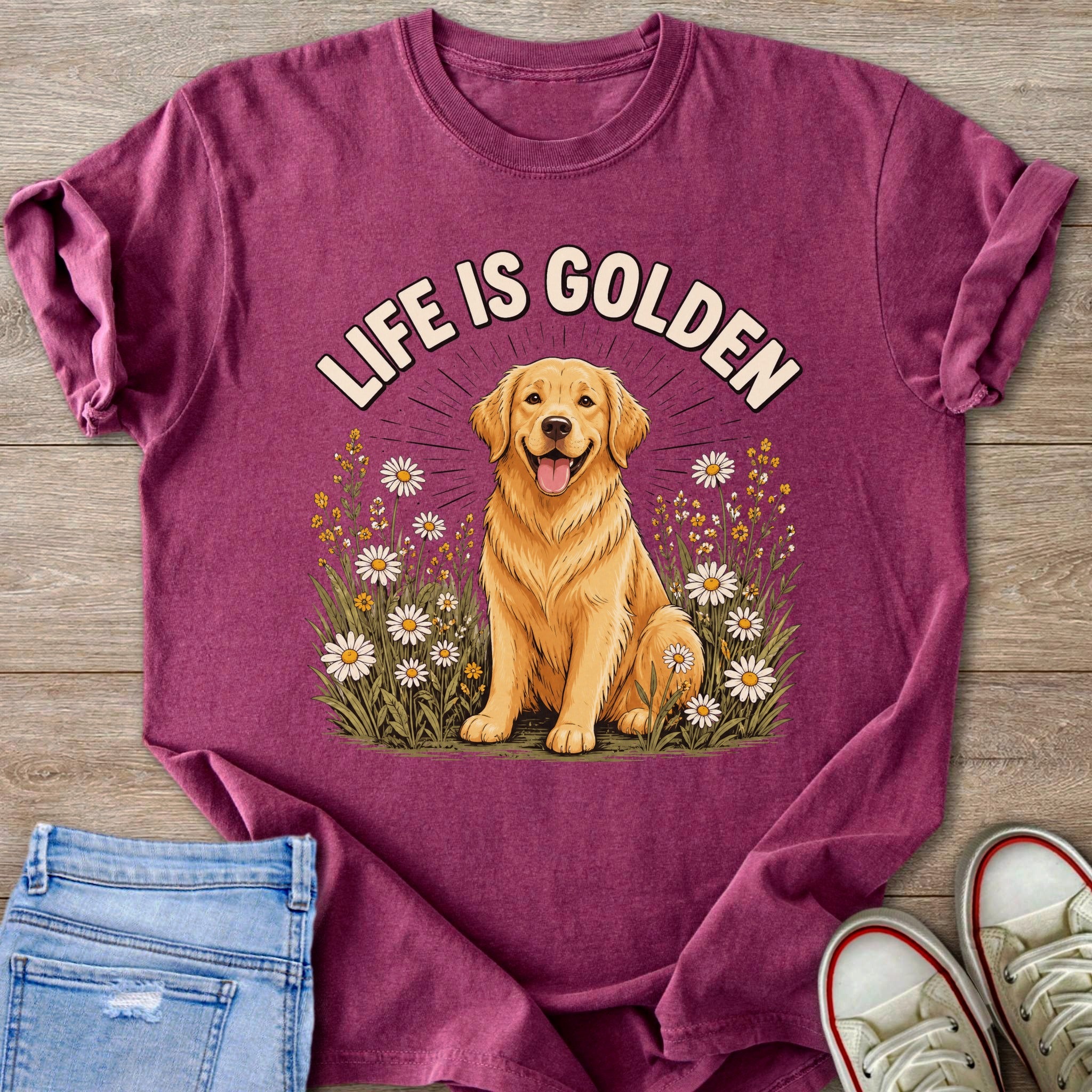 Golden Retriever dog sitting in flowers with "Life is Golden" text.