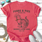 Purrs & Pies Pizza Co. t-shirt with a cat graphic and text.